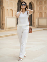 TrendiVastra Women Short Sleeve Co-Ord Set Casual Wear in White co-ord set, modern design, short sleeve, front view