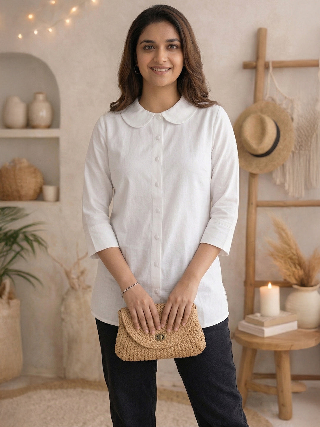 TrendiVastra Women Shirt Collar Office Wear Style 1 in White shirt, modern design, collar, front view