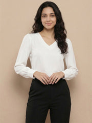 TrendiVastra Women Solid Regular Fit V Neck Top Office Wear in Off White top, solid design, V neck, regular fit, look 20 view