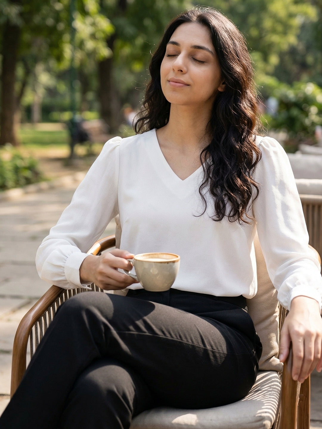 TrendiVastra Women Solid Regular Fit V Neck Top Office Wear in Off White top, solid design, V neck, regular fit, look 19 view