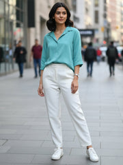 TrendiVastra Women Spread Collar Shirt Office Wear in Pista shirt, modern design, collar, side view