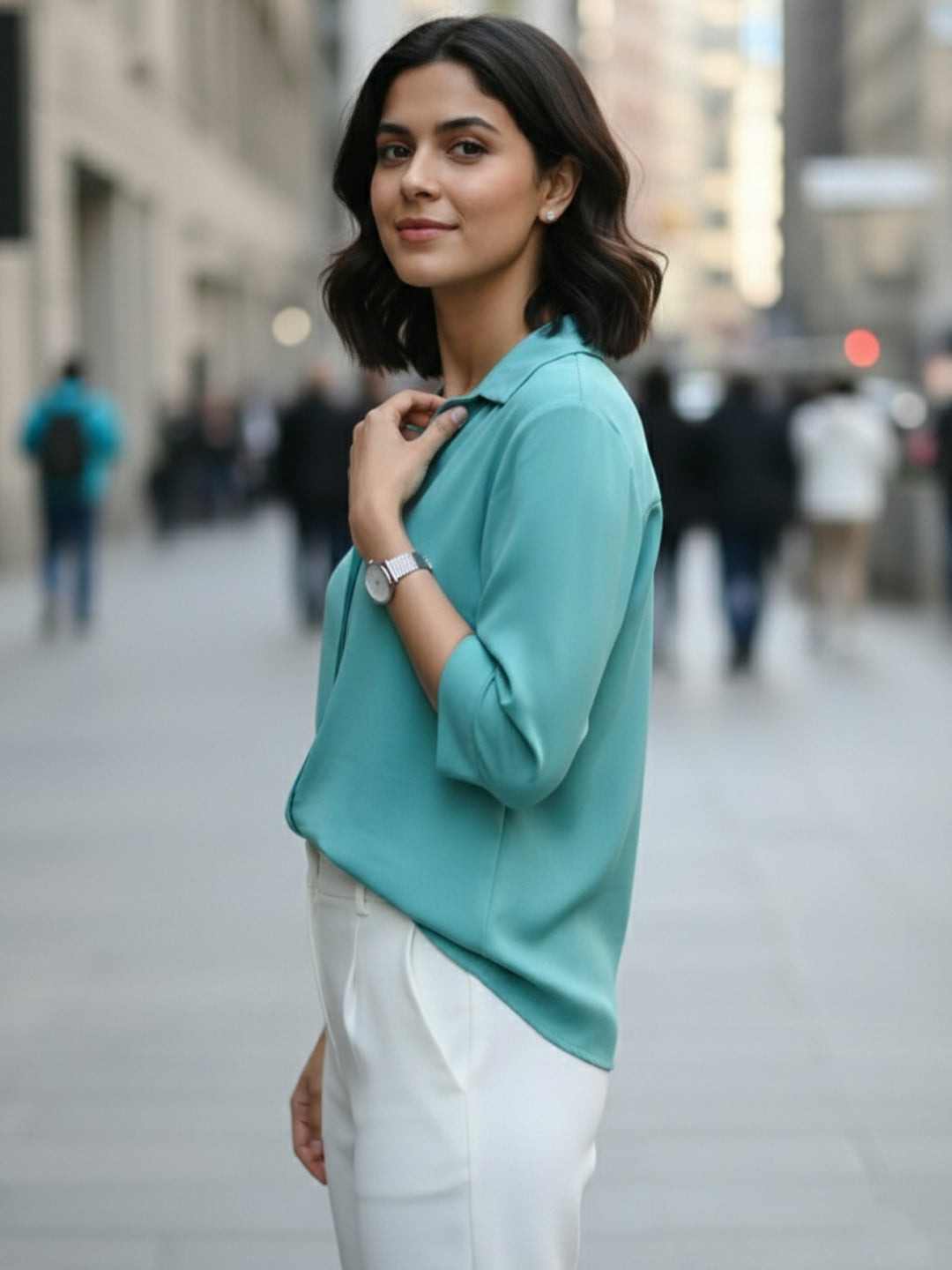 TrendiVastra Women Spread Collar Shirt Office Wear in Pista shirt, modern design, collar, back view