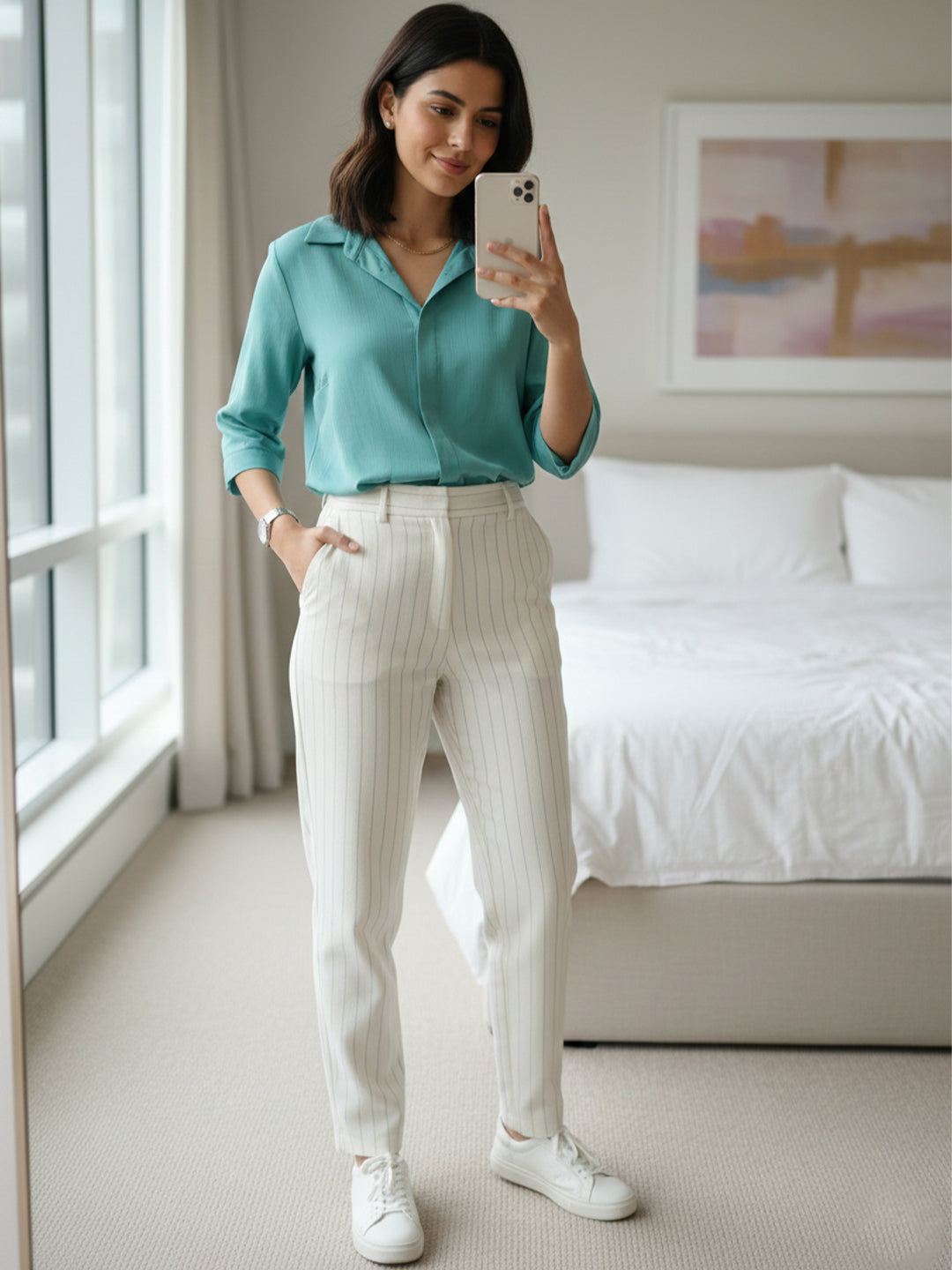 TrendiVastra Women Spread Collar Shirt Office Wear in Pista shirt, modern design, collar, look 6 view