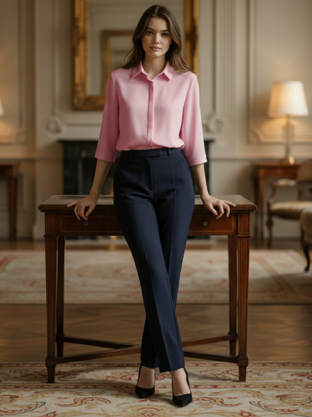 TrendiVastra Women 3/4 Sleeve Spread Collar Shirt Office Wear in Peach shirt, modern design, 3/4 sleeve, collar, front view