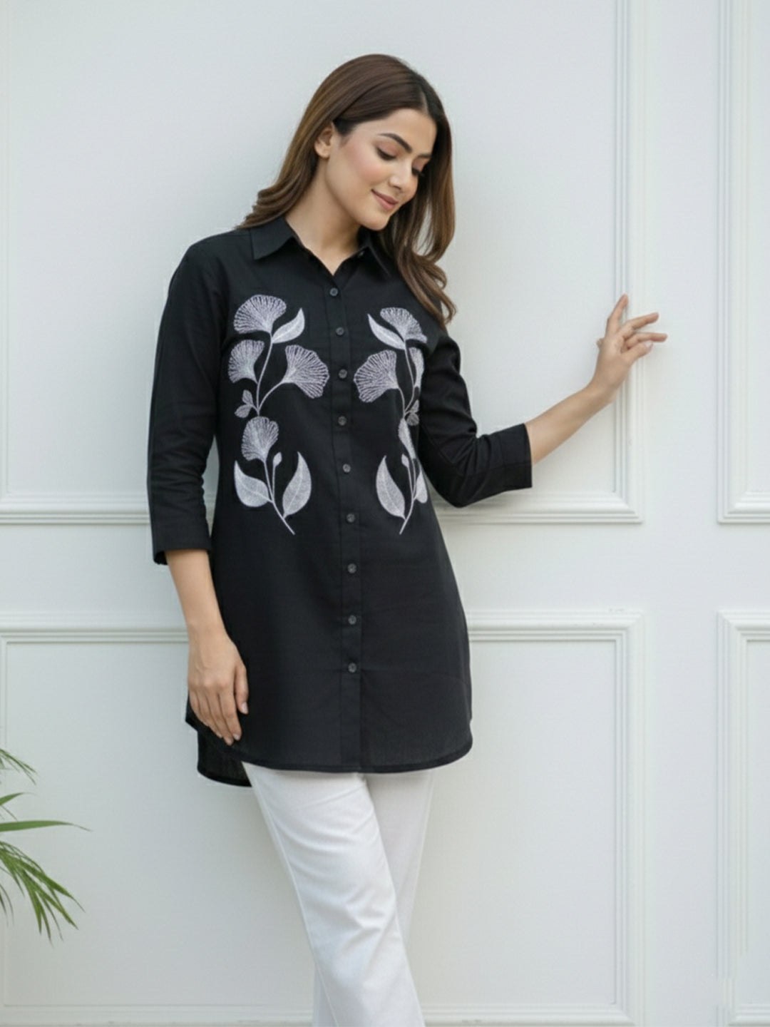 TrendiVastra Women Shirt Collar Office Wear in Black shirt, modern design, collar, front view