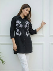 TrendiVastra Women Shirt Collar Office Wear in Black shirt, modern design, collar, front view