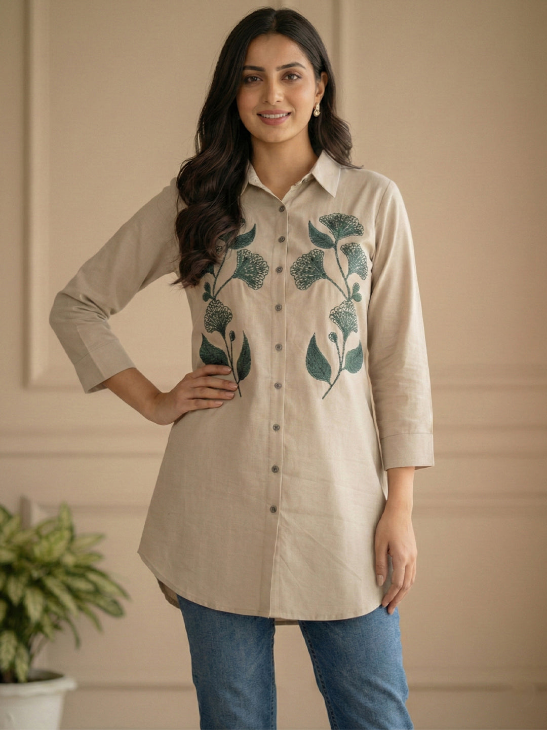 TrendiVastra Women Full Sleeve Shirt Collar Office Wear in Beige shirt, modern design, full sleeve, collar, front view