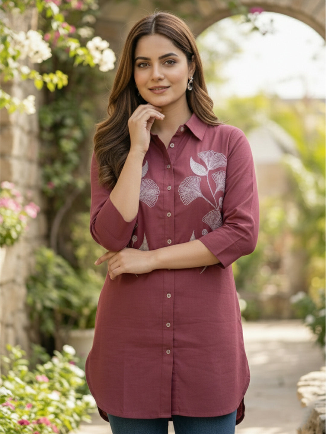 TrendiVastra Women Shirt Collar Office Wear in Maroon shirt, modern design, collar, front view