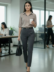 TrendiVastra Women 3/4 Sleeve Spread Collar Shirt Office Wear in Grey shirt, modern design, 3/4 sleeve, collar, side view