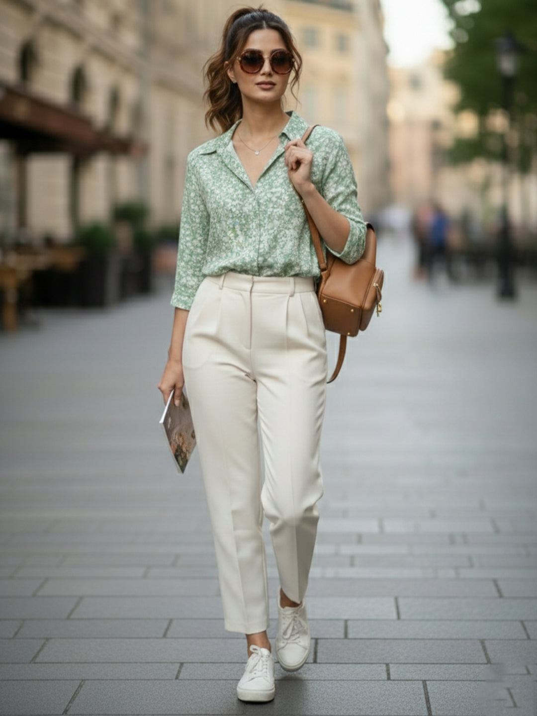 TrendiVastra Women Printed Spread Collar Shirt Office Wear in Green shirt, printed design, collar, front view