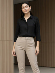 TrendiVastra Women Spread Collar Shirt Office Wear in Black shirt, modern design, collar, side view