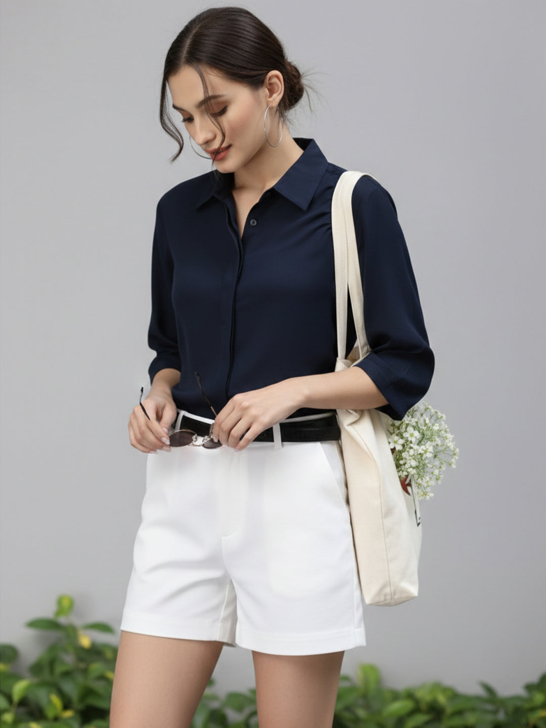 TrendiVastra Women Spread Collar Shirt Office Wear in Navy shirt, modern design, collar, front view