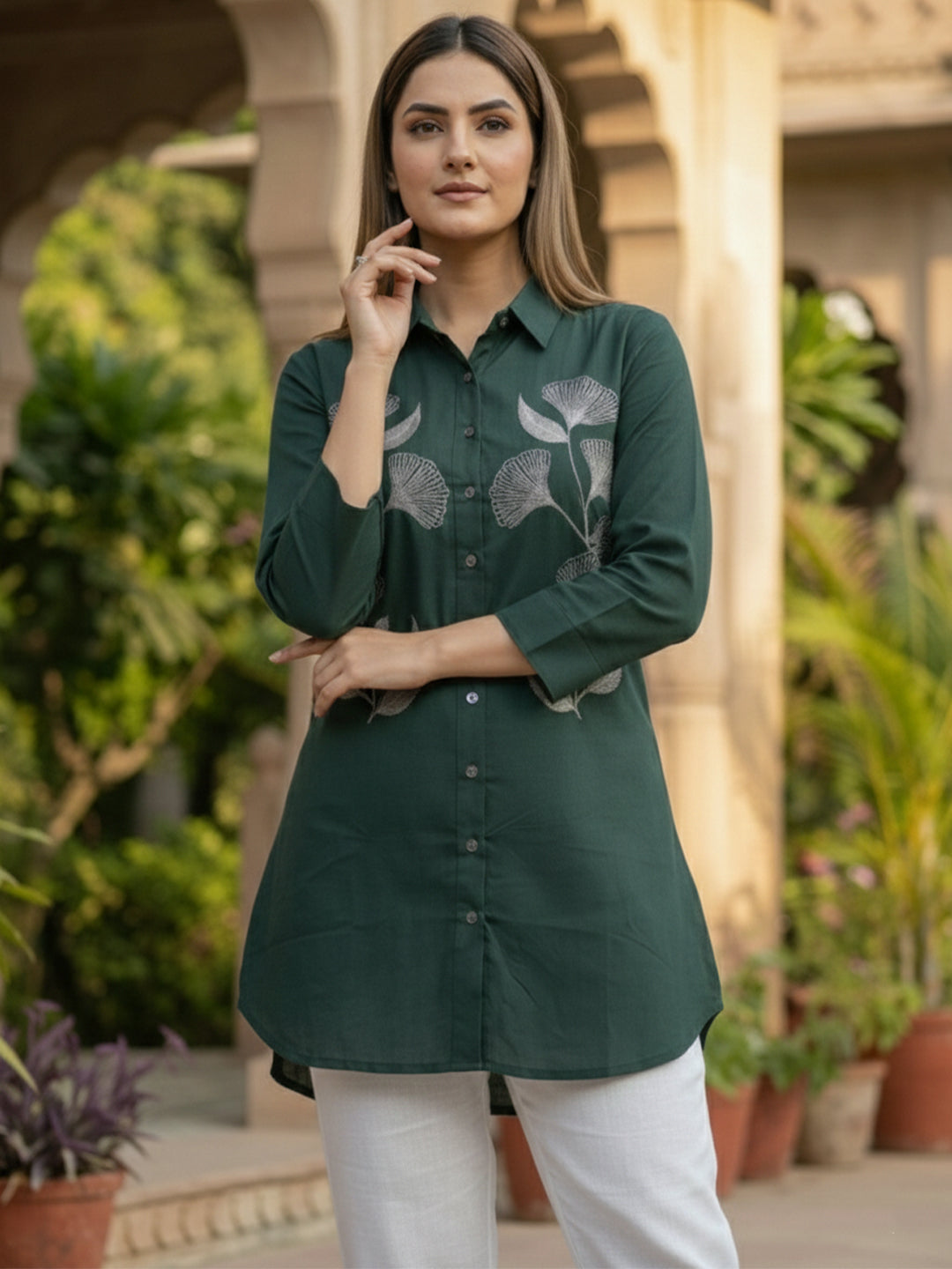 TrendiVastra Women Shirt Collar Office Wear in Green shirt, modern design, collar, front view