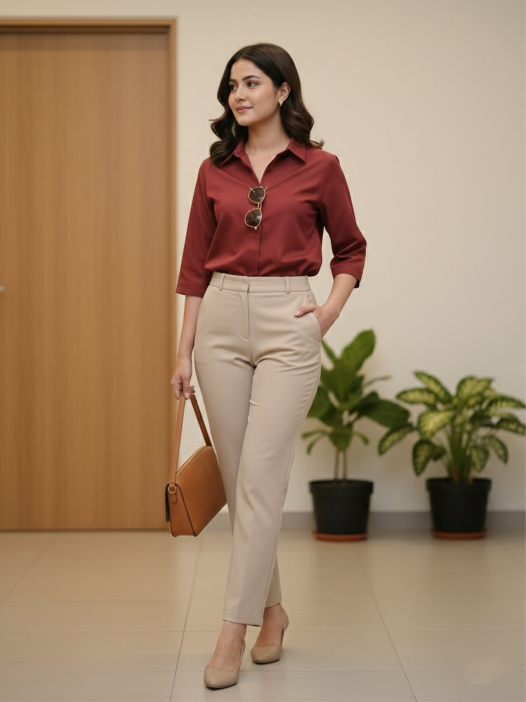 TrendiVastra Women Spread Collar Shirt Office Wear in Maroon shirt, modern design, collar, side view
