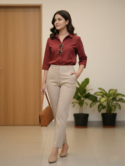 TrendiVastra Women Spread Collar Shirt Office Wear in Maroon shirt, modern design, collar, side view