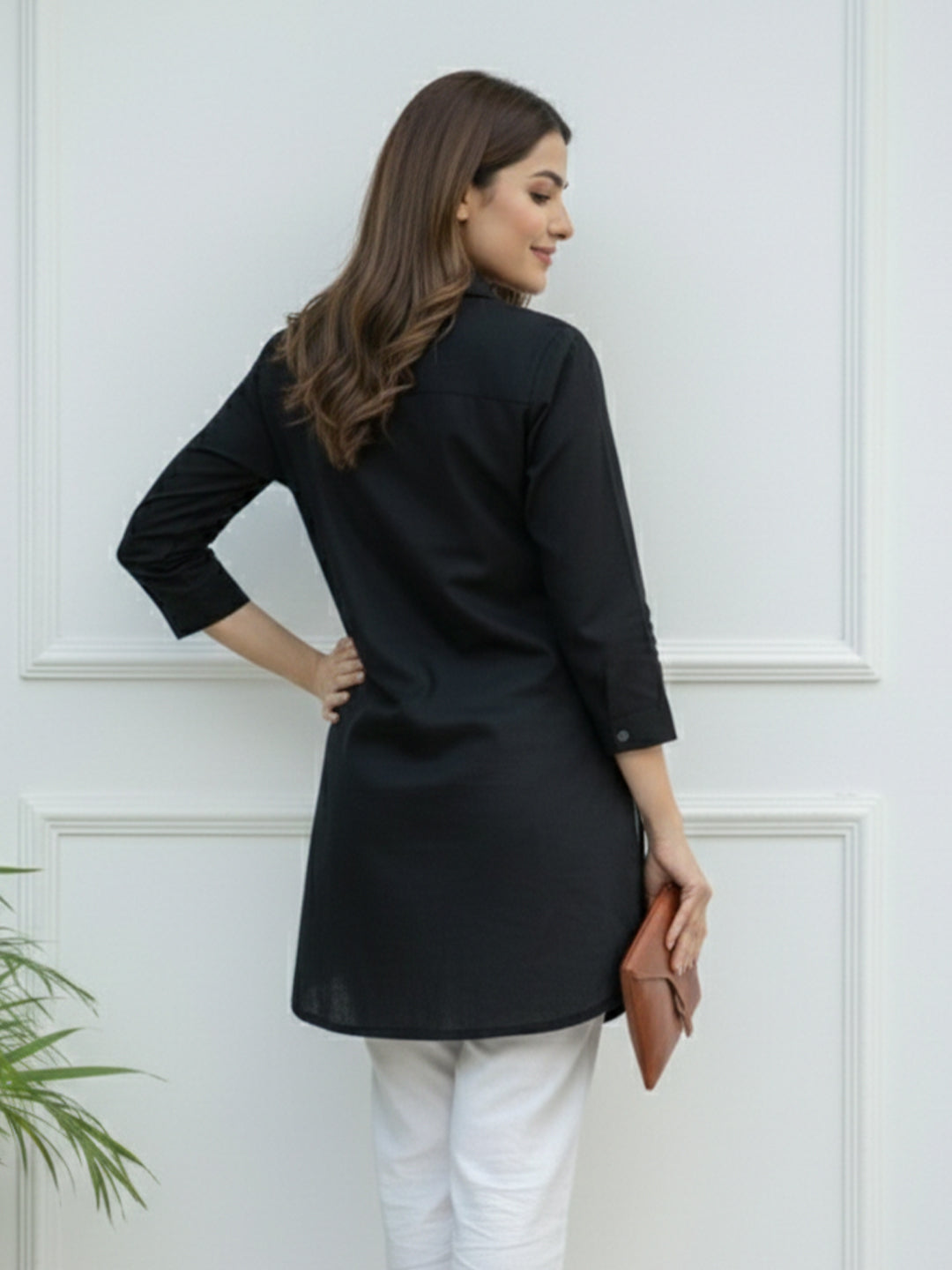 TrendiVastra Women Shirt Collar Office Wear in Black shirt, modern design, collar, side view