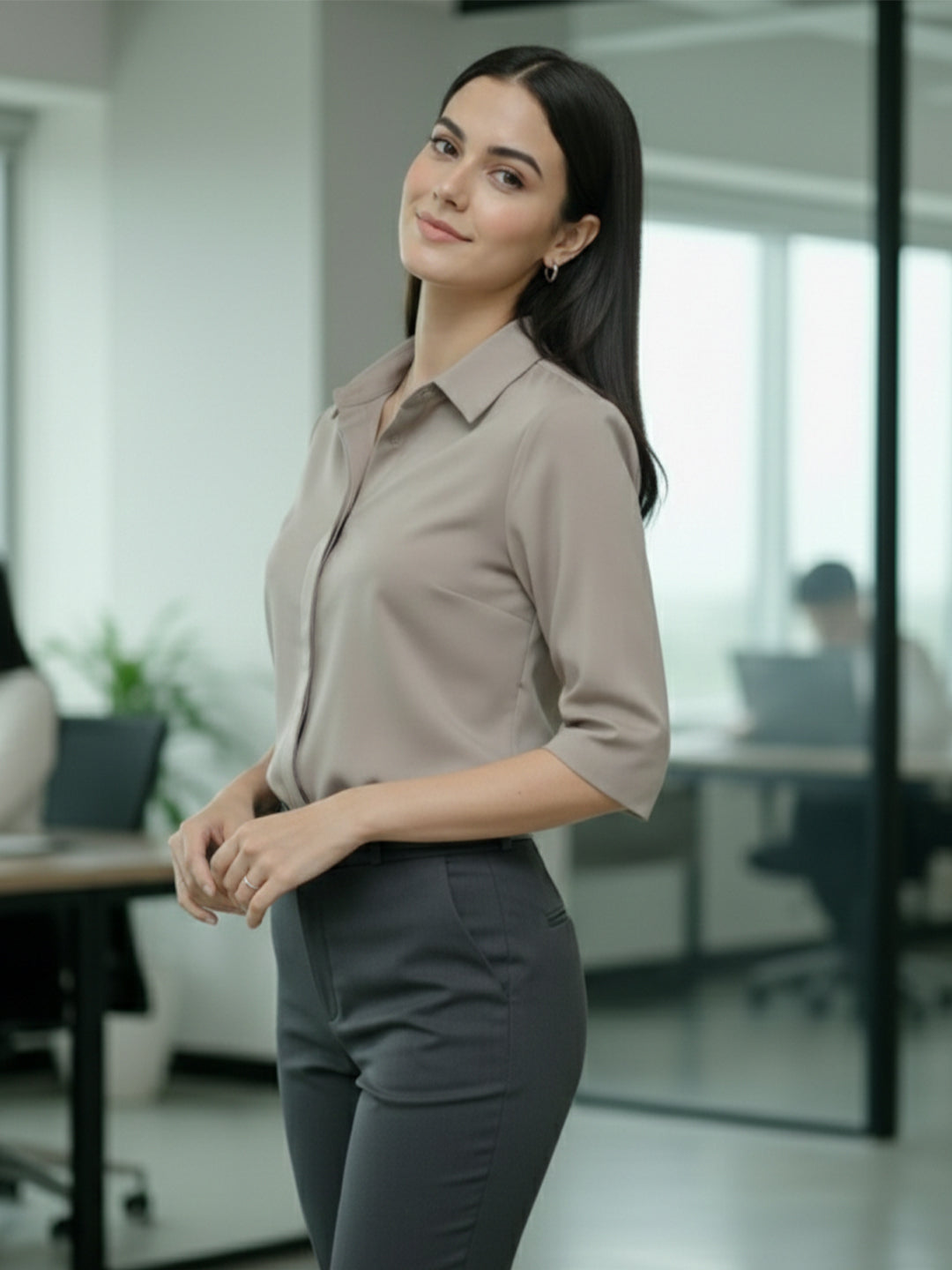 TrendiVastra Women 3/4 Sleeve Spread Collar Shirt Office Wear in Grey shirt, modern design, 3/4 sleeve, collar, style detail