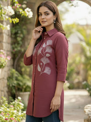 TrendiVastra Women Shirt Collar Office Wear in Maroon shirt, modern design, collar, side view