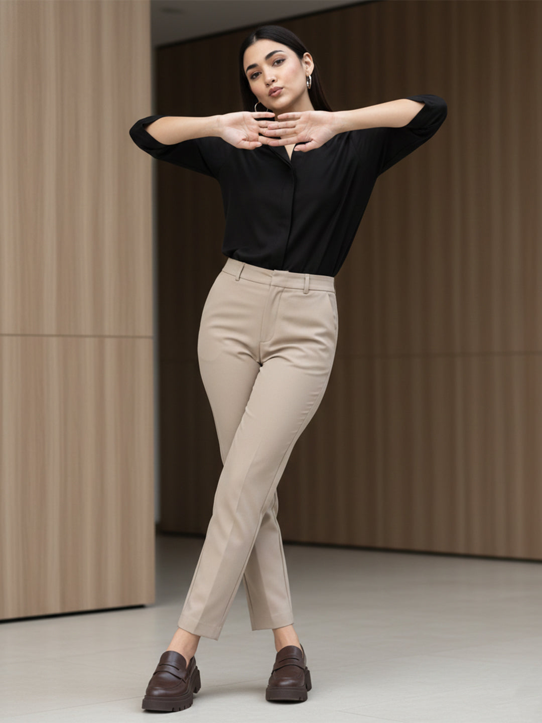 TrendiVastra Women Spread Collar Shirt Office Wear in Black shirt, modern design, collar, back view