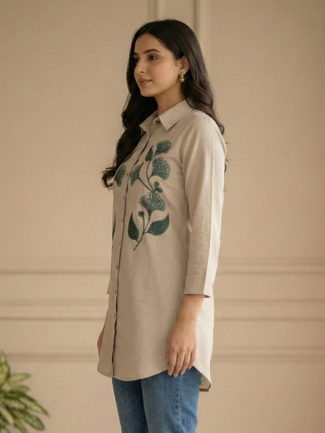 TrendiVastra Women Full Sleeve Shirt Collar Office Wear in Beige shirt, modern design, full sleeve, collar, back view