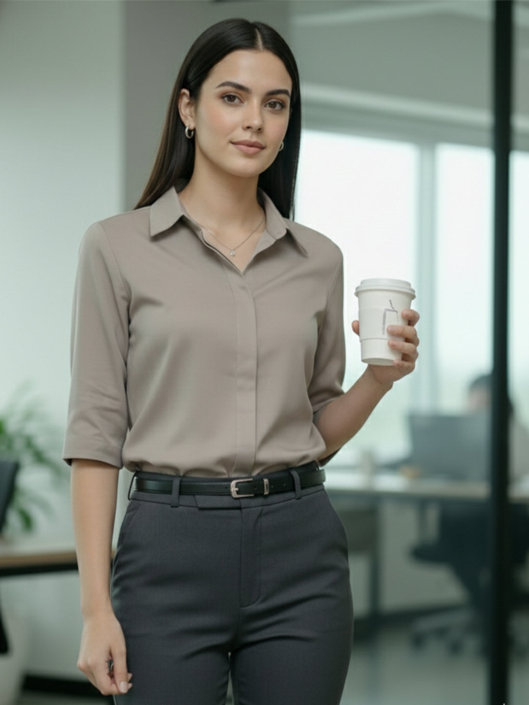 TrendiVastra Women 3/4 Sleeve Spread Collar Shirt Office Wear in Grey shirt, modern design, 3/4 sleeve, collar, front view