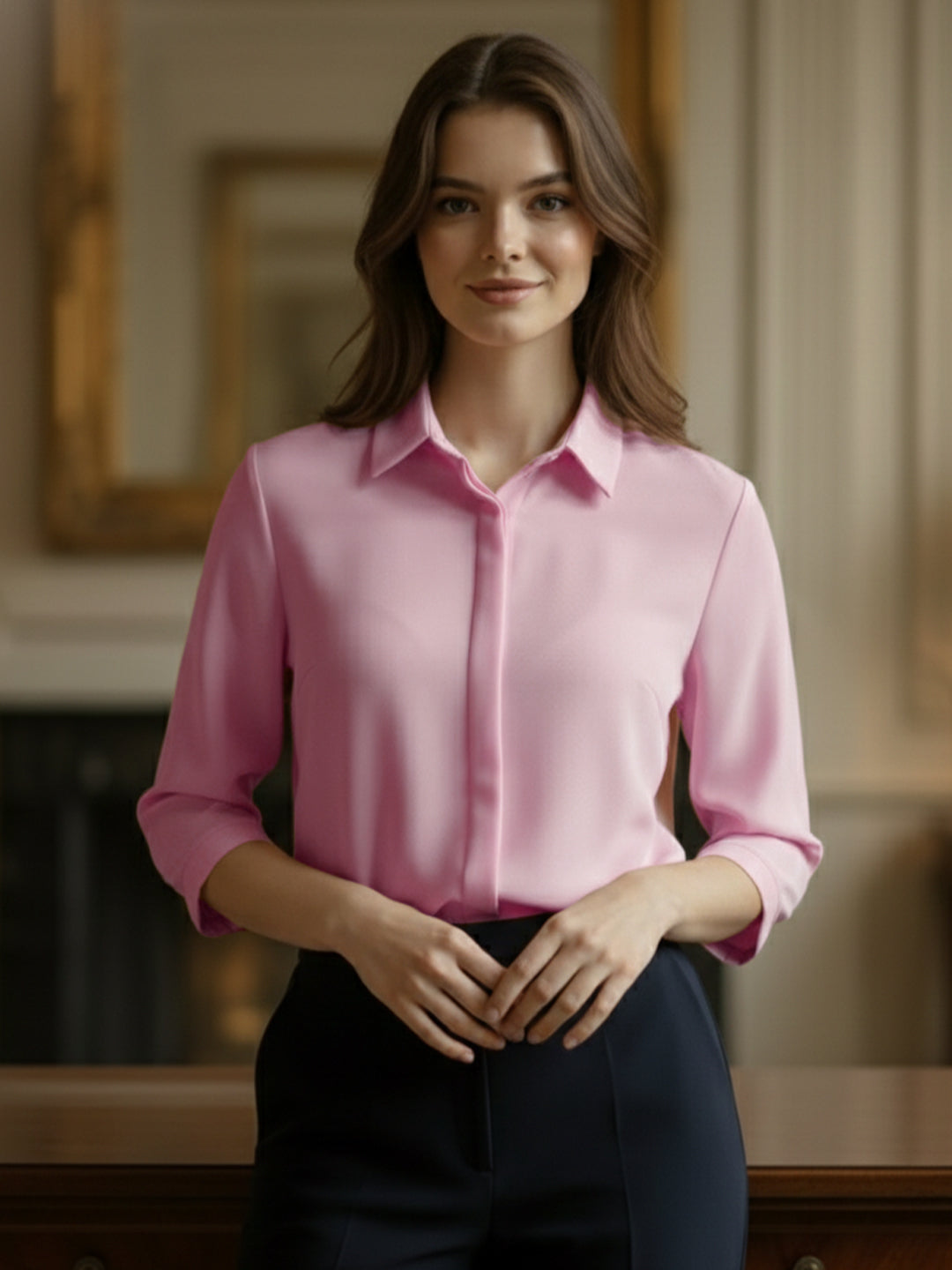 TrendiVastra Women 3/4 Sleeve Spread Collar Shirt Office Wear in Peach shirt, modern design, 3/4 sleeve, collar, side view