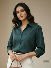 TrendiVastra Women Printed Spread Collar Shirt Office Wear in Royal Blue shirt, printed design, collar, fabric detail view