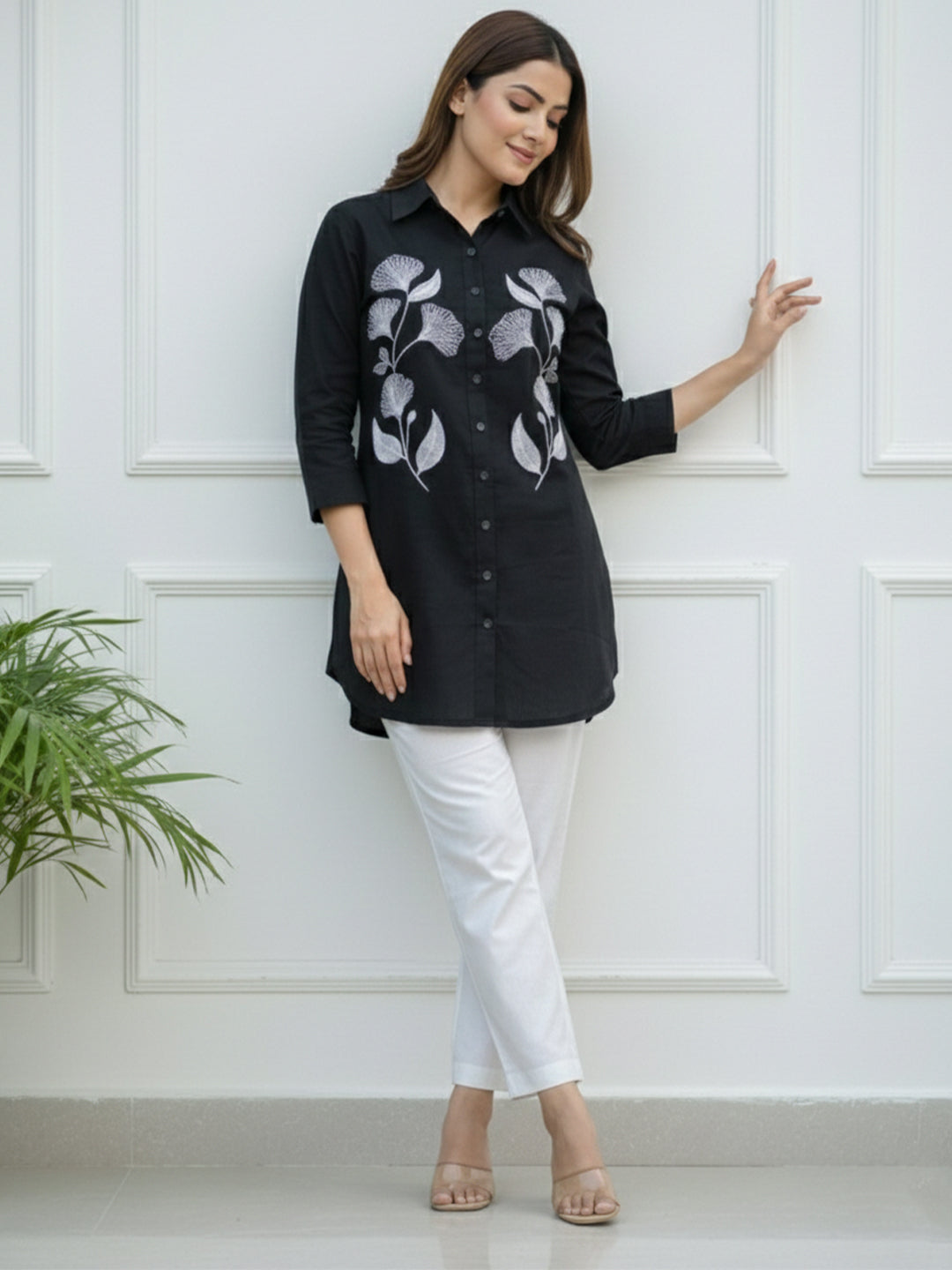 TrendiVastra Women Shirt Collar Office Wear in Black shirt, modern design, collar, fabric detail view