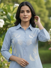 TrendiVastra Women Shirt Collar Office Wear in Sky Blue shirt, modern design, collar, style detail view