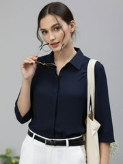 TrendiVastra Women Spread Collar Shirt Office Wear in Navy shirt, modern design, collar, style detail view