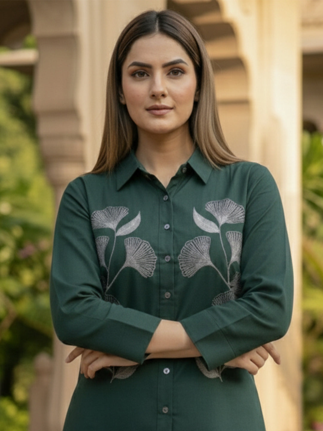 TrendiVastra Women Shirt Collar Office Wear in Green shirt, modern design, collar, style detail view