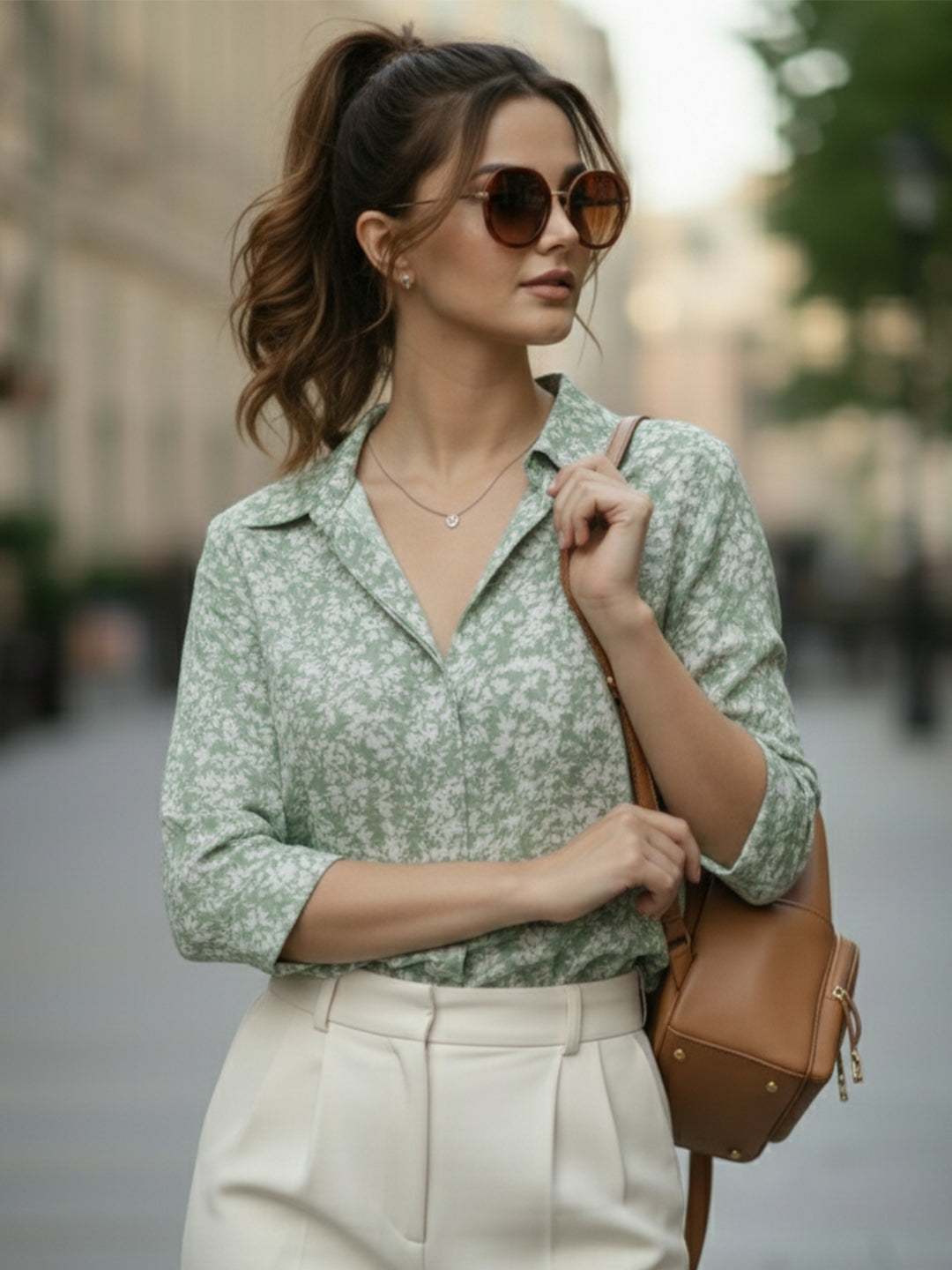 TrendiVastra Women Printed Spread Collar Shirt Office Wear in Green shirt, printed design, collar, fabric detail view
