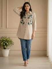 TrendiVastra Women Full Sleeve Shirt Collar Office Wear in Beige shirt, modern design, full sleeve, collar, fabric detail
