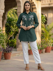 TrendiVastra Women Shirt Collar Office Wear in Green shirt, modern design, collar, fabric detail view