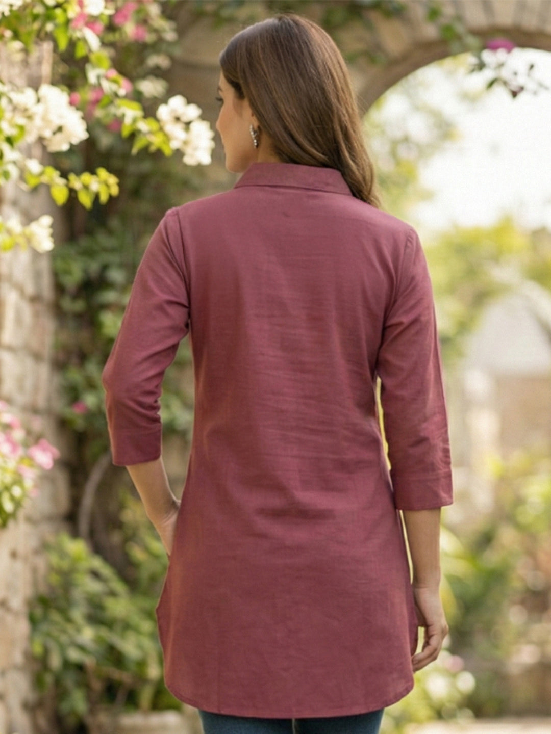 TrendiVastra Women Shirt Collar Office Wear in Maroon shirt, modern design, collar, fabric detail view