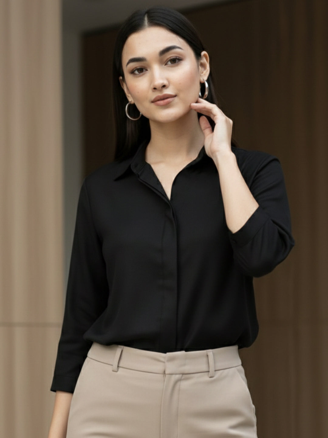 TrendiVastra Women Spread Collar Shirt Office Wear in Black shirt, modern design, collar, front view