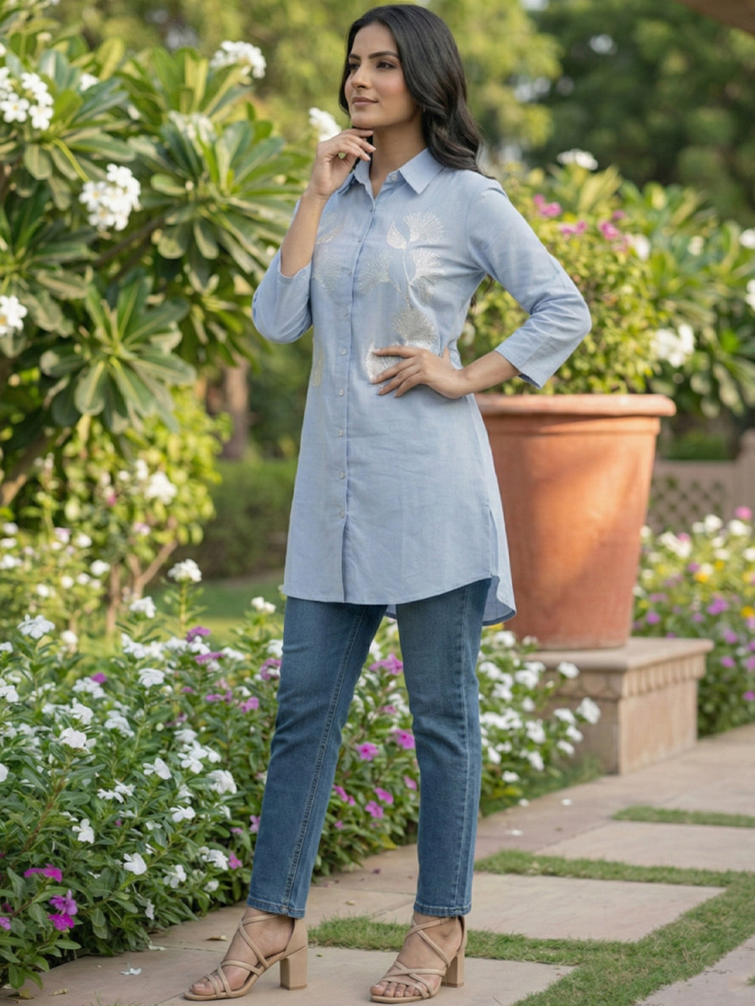 TrendiVastra Women Shirt Collar Office Wear in Sky Blue shirt, modern design, collar, fabric detail view