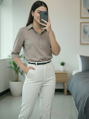 TrendiVastra Women 3/4 Sleeve Spread Collar Shirt Office Wear in Grey shirt, modern design, 3/4 sleeve, collar, fabric detail