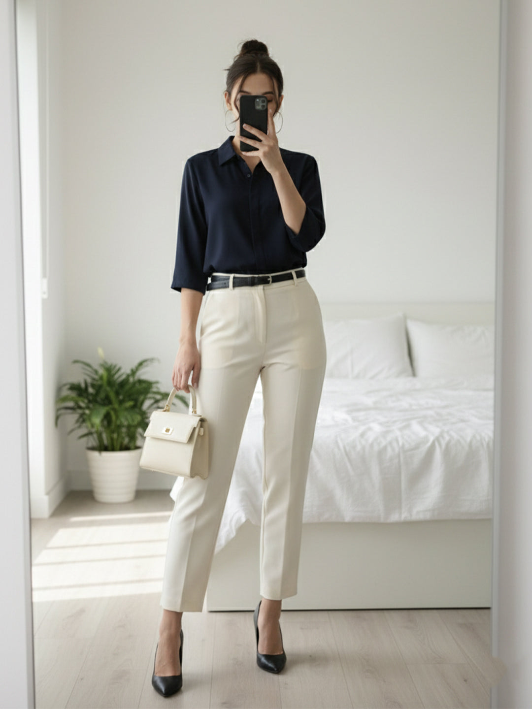TrendiVastra Women Spread Collar Shirt Office Wear in Navy shirt, modern design, collar, fabric detail view