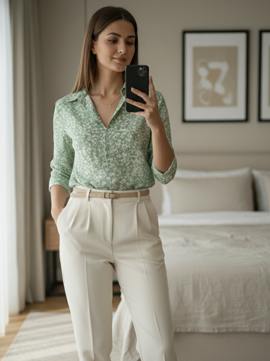 TrendiVastra Women Printed Spread Collar Shirt Office Wear in Green shirt, printed design, collar, look 6 view
