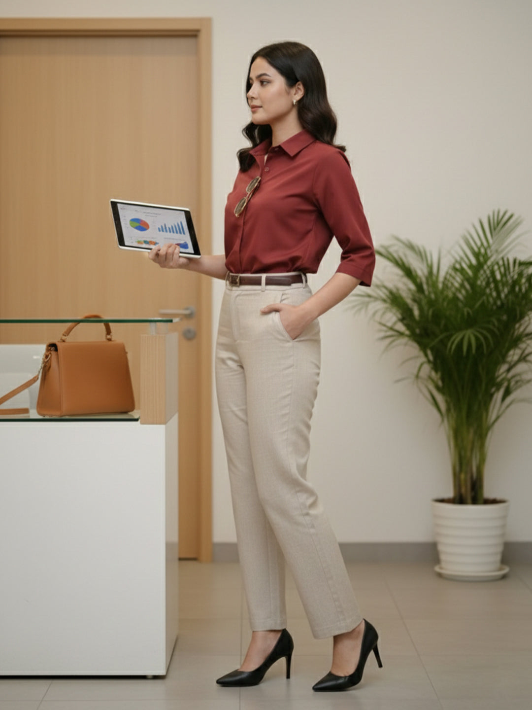 TrendiVastra Women Spread Collar Shirt Office Wear in Maroon shirt, modern design, collar, look 7 view
