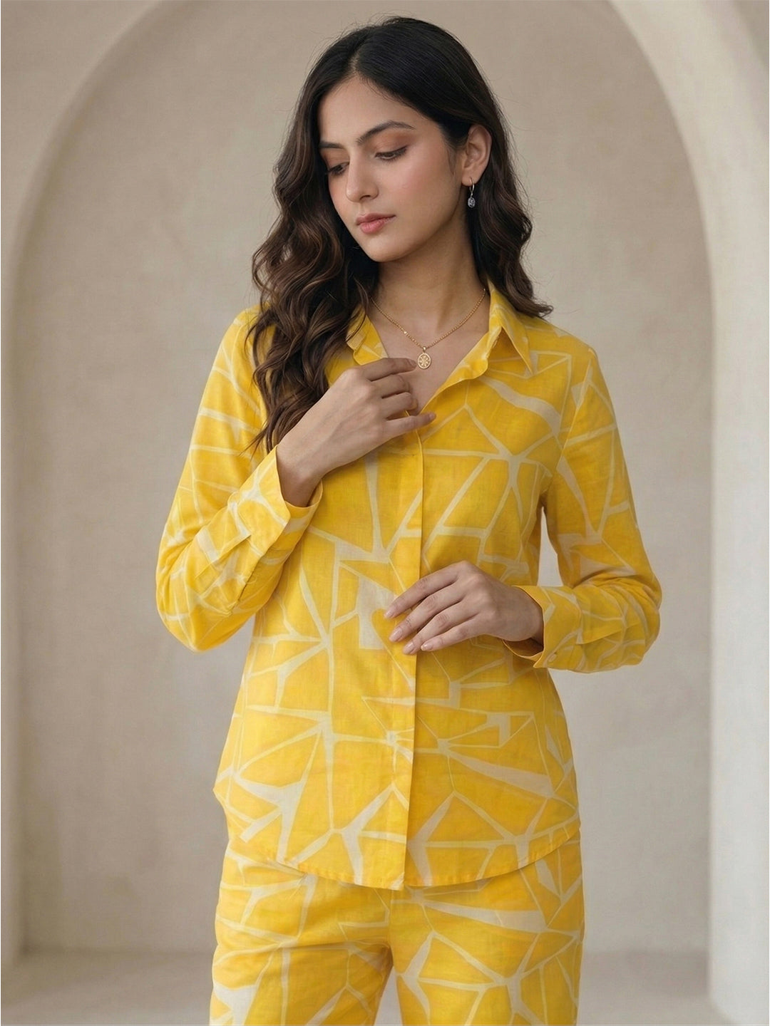 TrendiVastra Women Full Sleeve Co-Ord Set Casual Wear in Yellow co-ord set, modern design, full sleeve, fabric detail view
